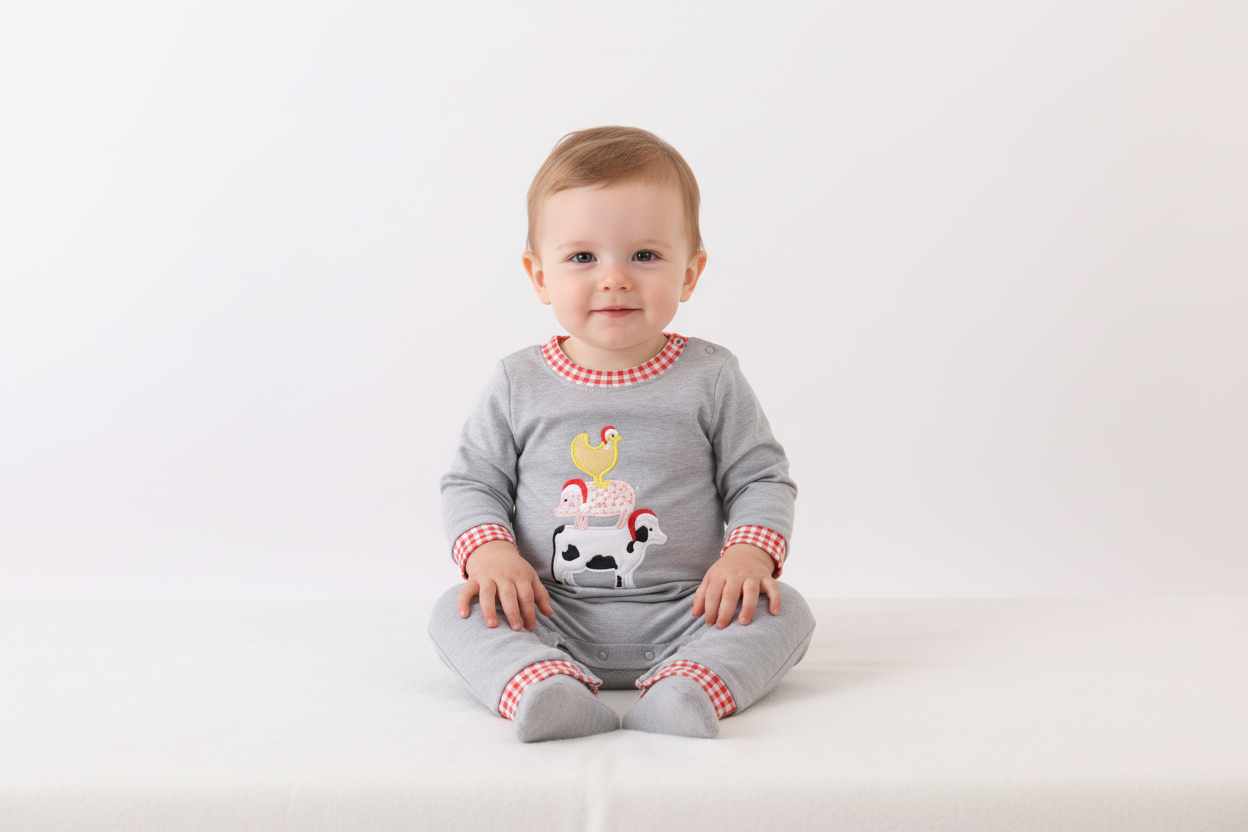 Gray farm applique romper