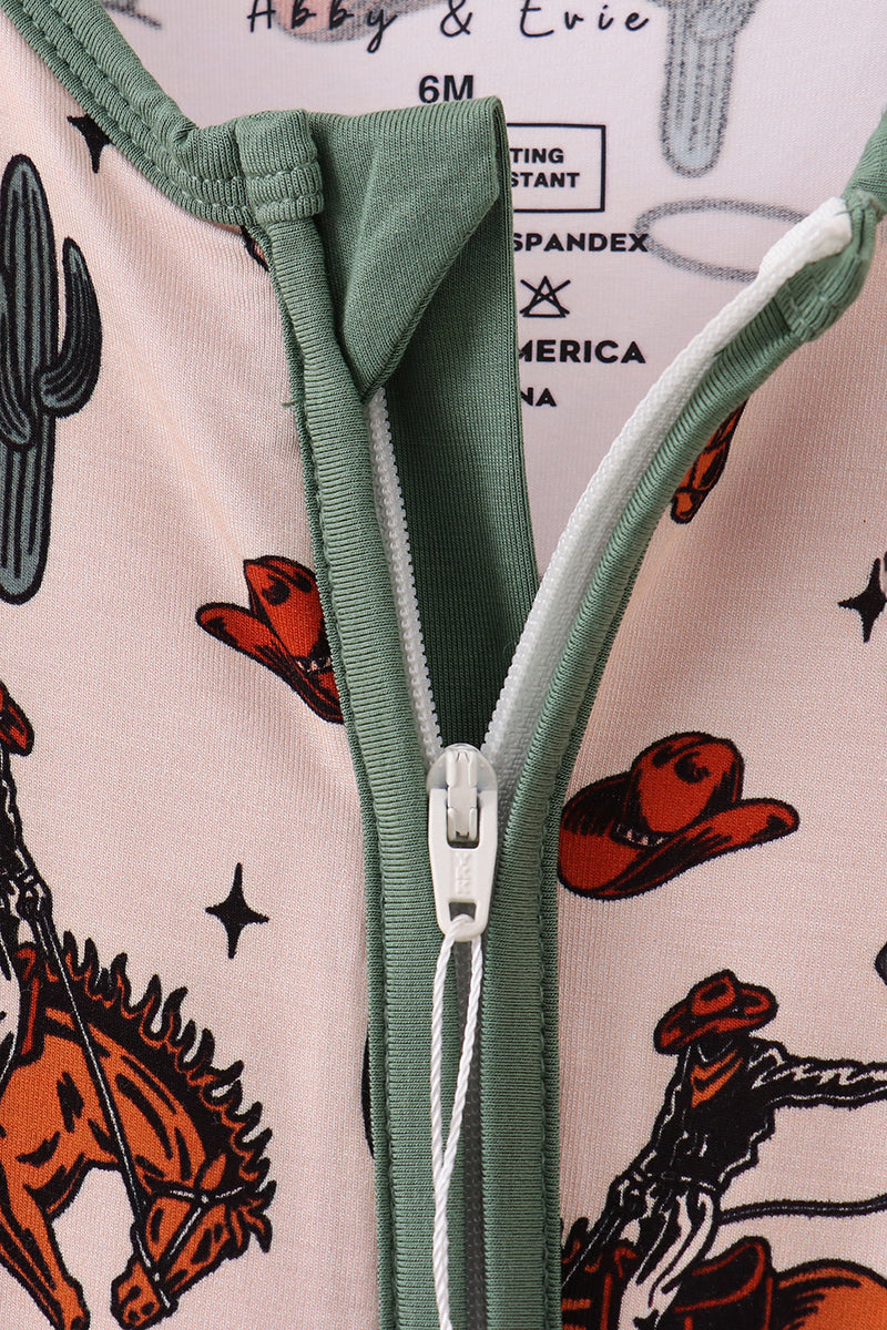 Green cowboy bamboo zipper romper