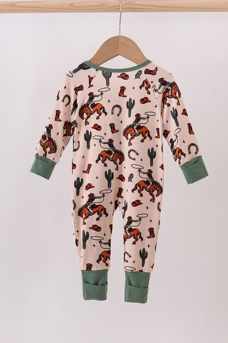 Green cowboy bamboo zipper romper