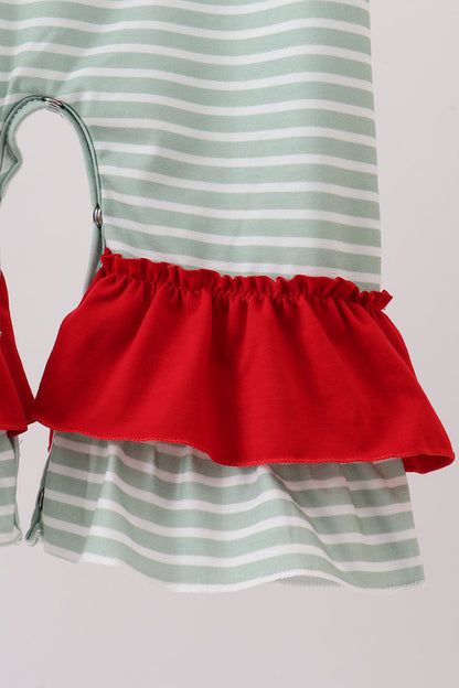Green farm applique stripe ruffle romper