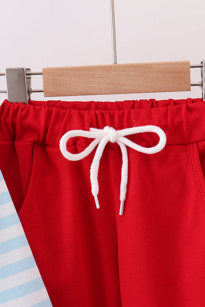 Blue character embroidery stripe pants set