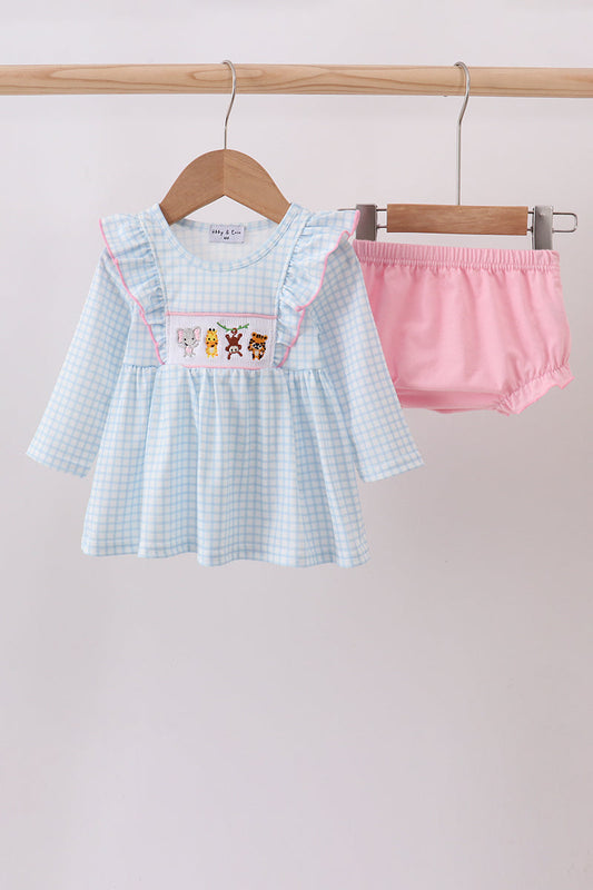 Blue animal smocked ruffle bloomer set
