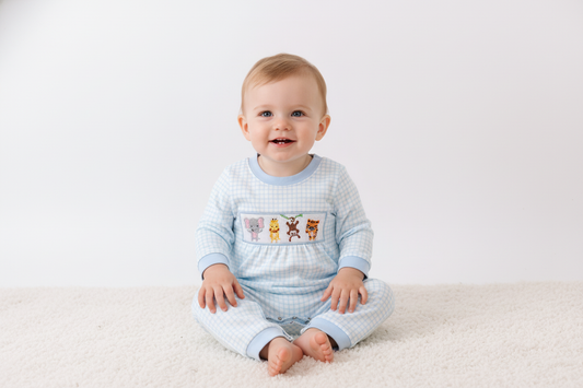Blue animal smocked gingham romper