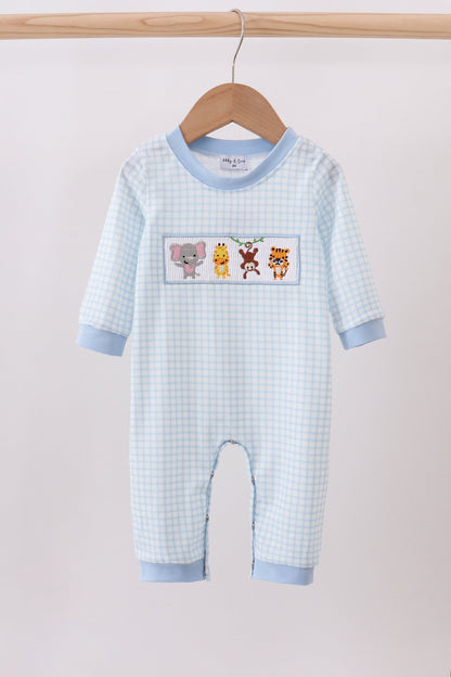 Blue animal smocked gingham romper